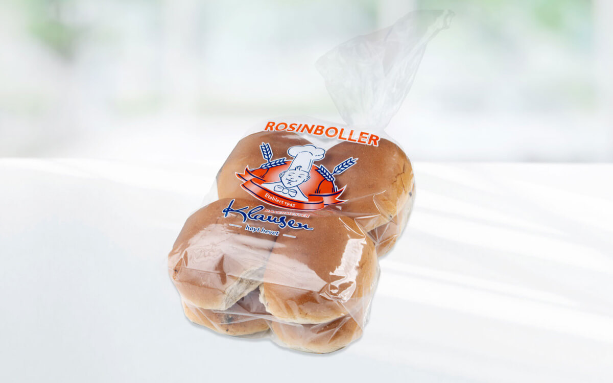 Pose med åtte rosinboller fra Baker Klausen